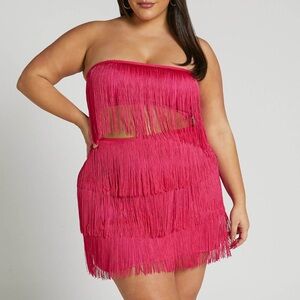 Two Piece Fringe Crop Top and Mini Skirt Set in Hot Pink Plus Size Eras Tour